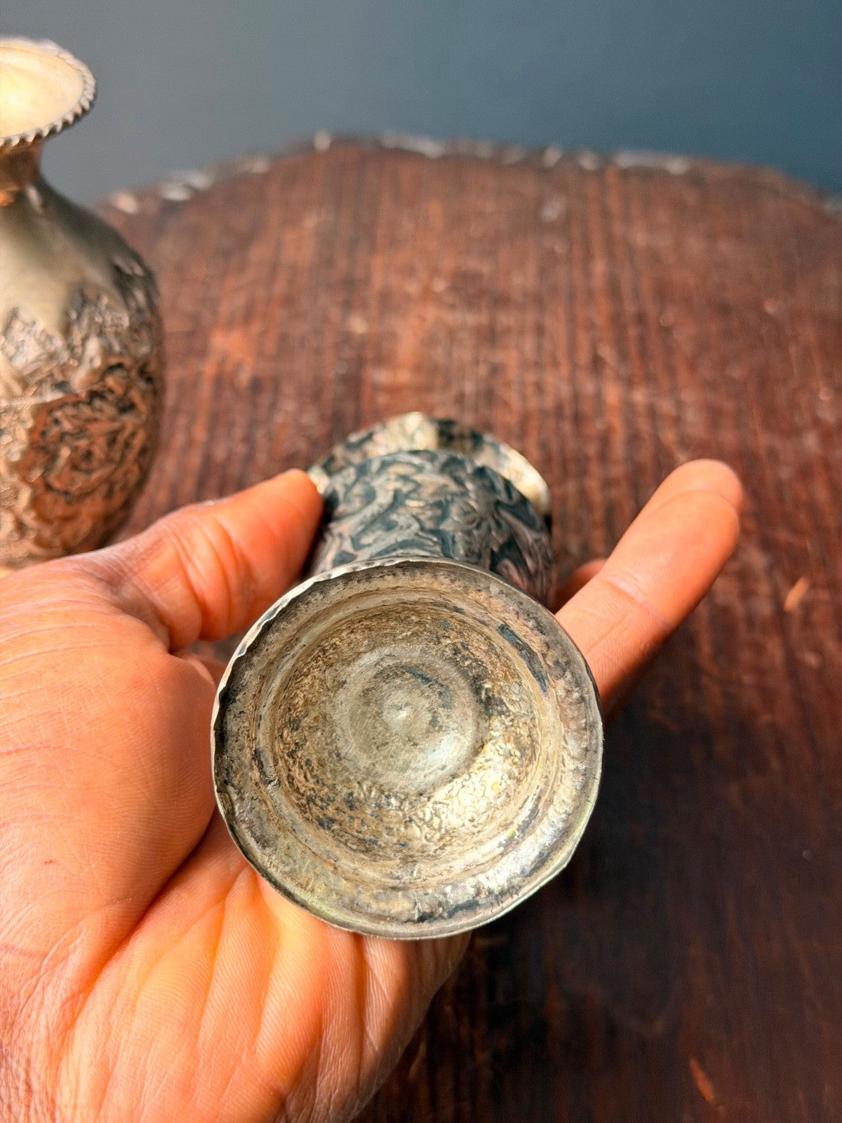 Vintage Near Eastern Silver Plated Brass Vases Pastoral Scene Folk Art