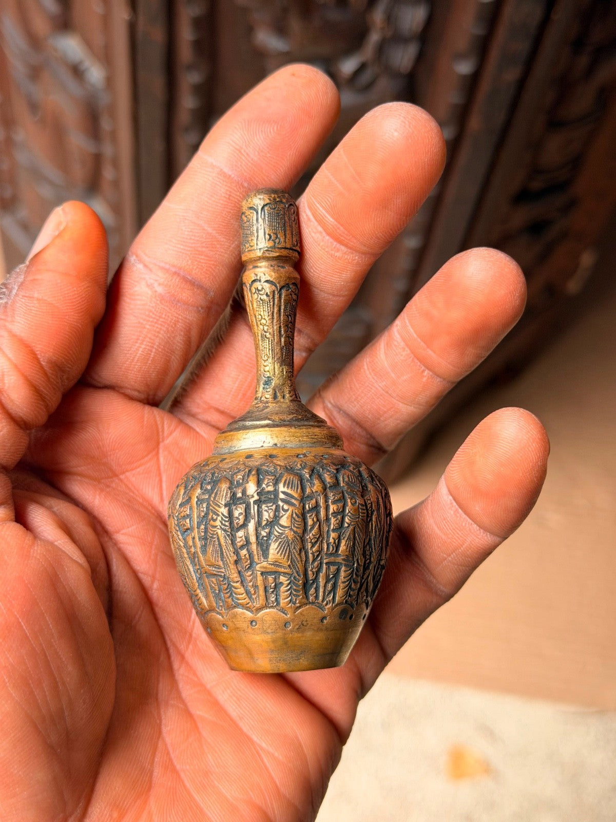 Vintage Brass Kohl Bottle Perfume Flask Etched Procession Mini Vessel