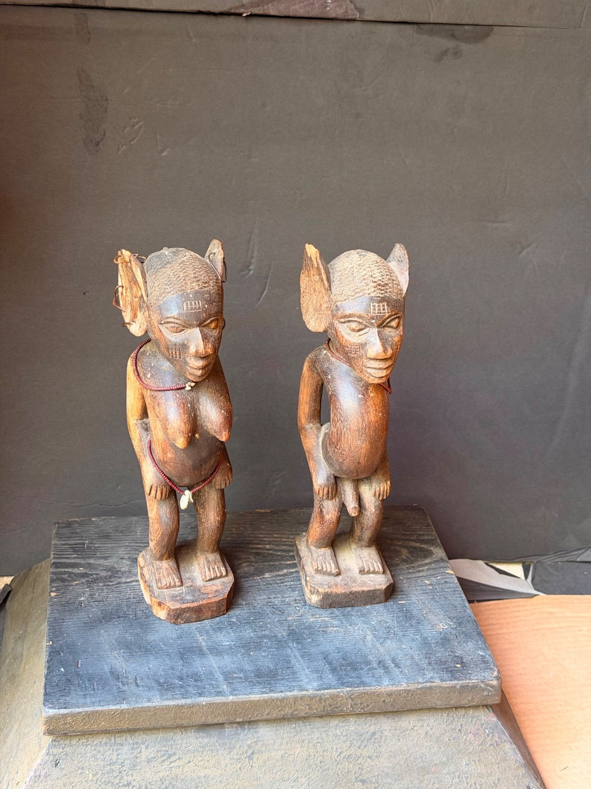 Vintage Fon Venavi Twin Figures Pair Benin Carved Wood African Sculpture 11"