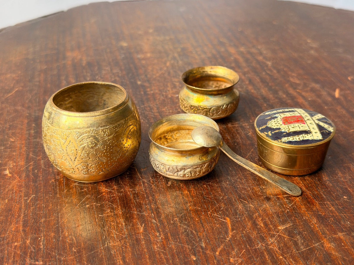 Vintage Brass Miniature Vessel Set Enameled Trinket Box Small Spice Bowls Spoon