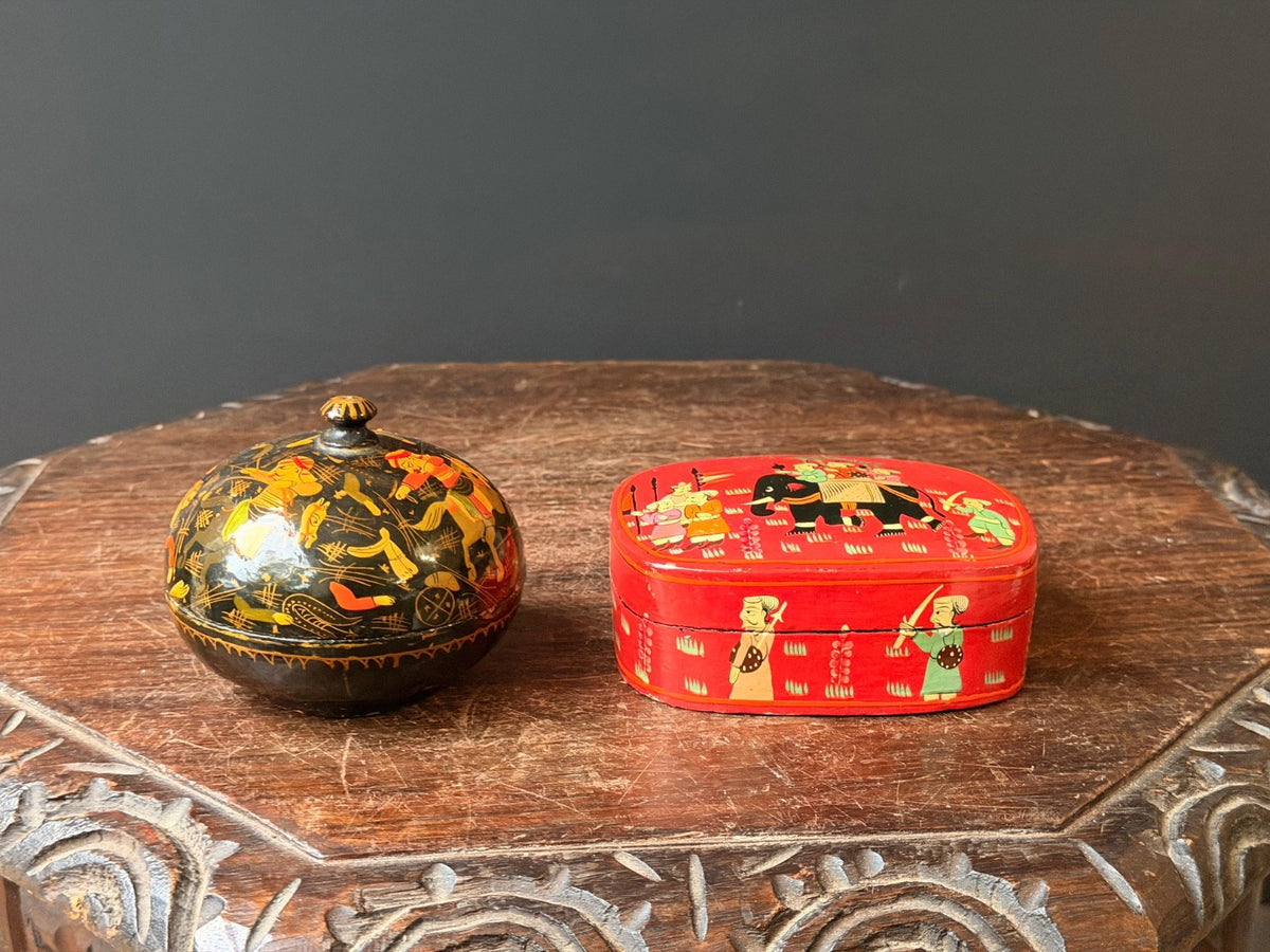Vintage Hand Painted Lacquer Wood Box Set Royal Elephant Procession Folk Art