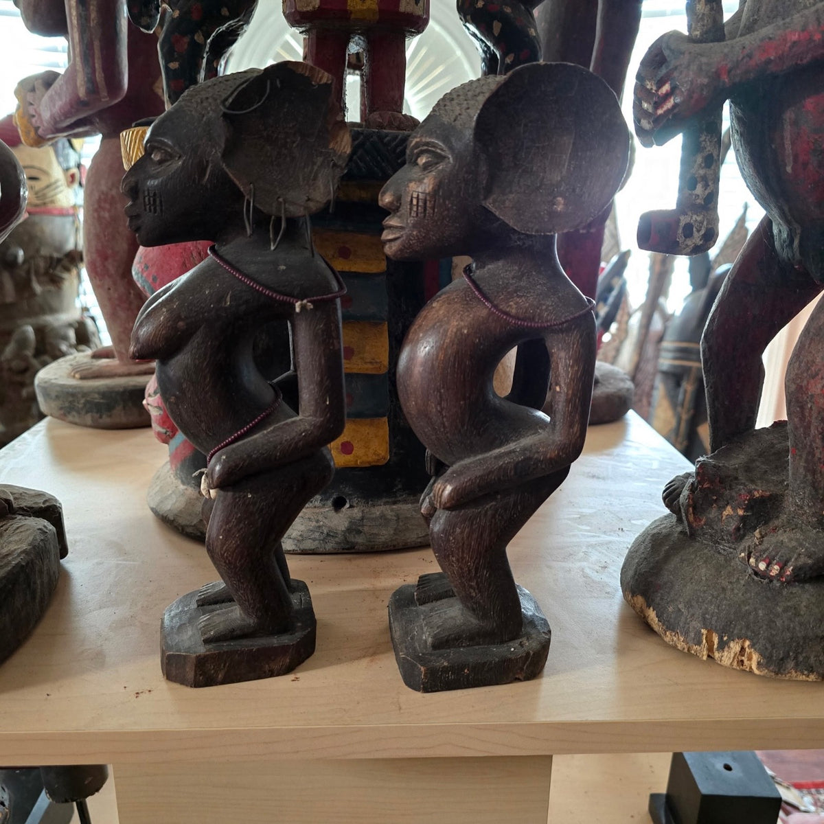 Vintage Fon Venavi Twin Figures Pair Benin Carved Wood African Sculpture 11"