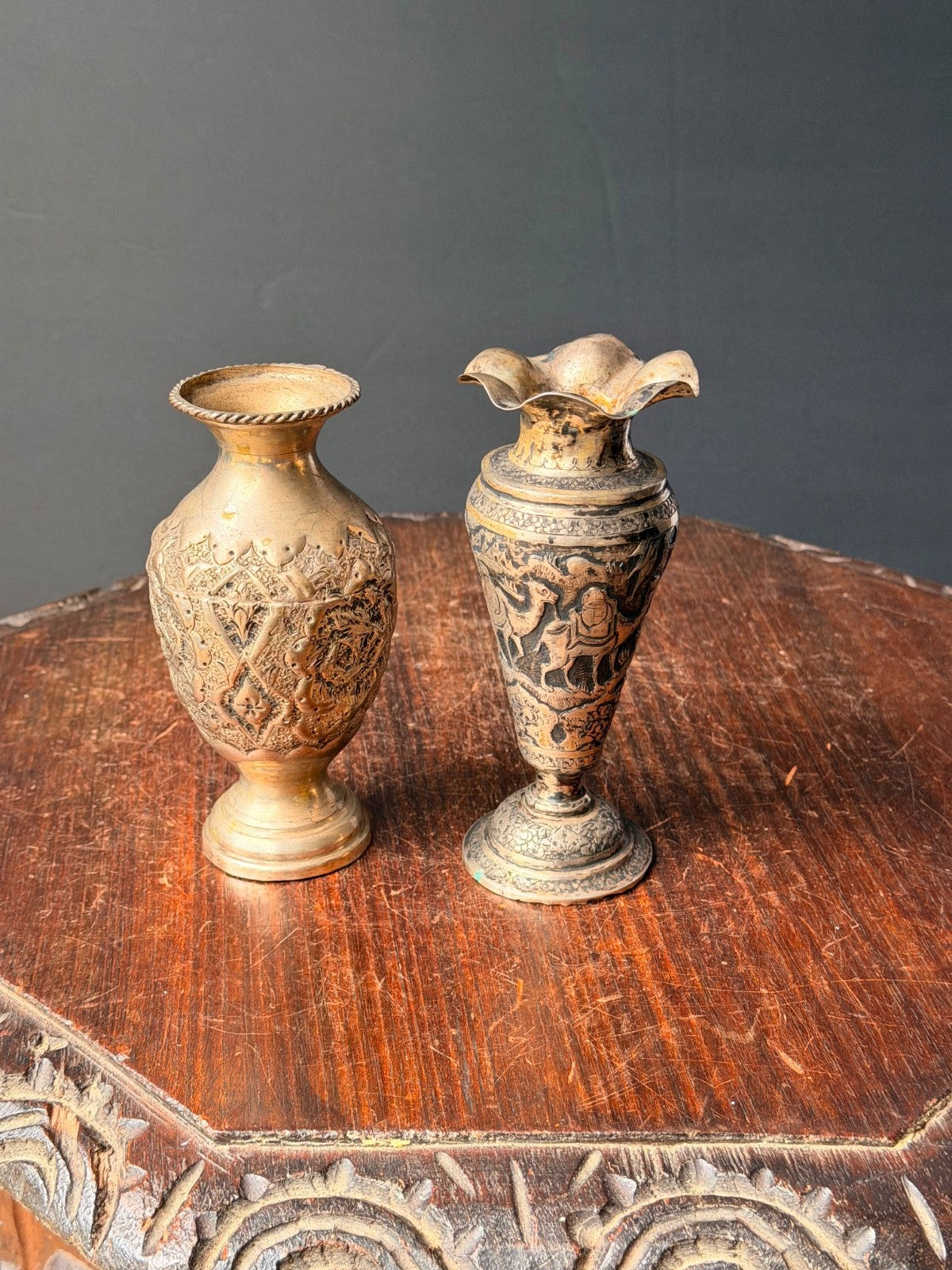Vintage Near Eastern Silver Plated Brass Vases Pastoral Scene Folk Art