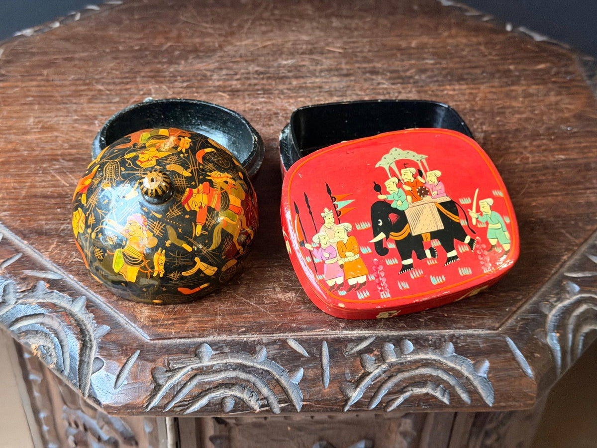 Vintage Hand Painted Lacquer Wood Box Set Royal Elephant Procession Folk Art