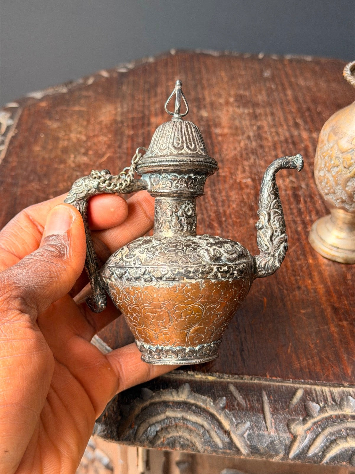 Vintage Ornate Near Eastern Repousse Silvered Teapot Ewer & Brass Vase Lot