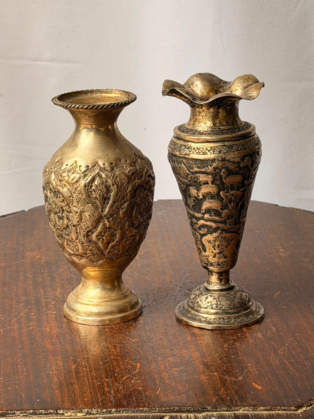 Vintage Near Eastern Silver Plated Brass Vases Pastoral Scene Folk Art
