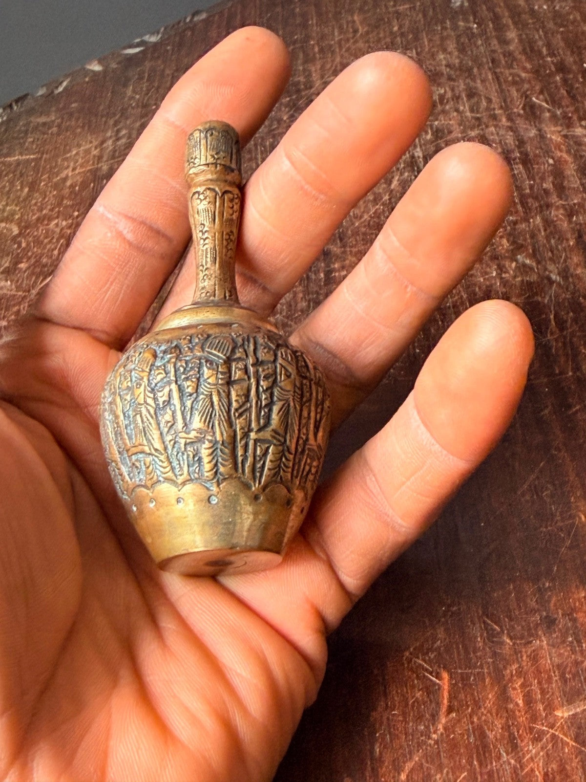 Vintage Brass Kohl Bottle Perfume Flask Etched Procession Mini Vessel