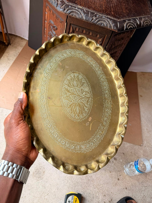 Vintage Brass Oval Platter Engraved Lotus Tray Crimped Pie Crust Edge 15x10.8