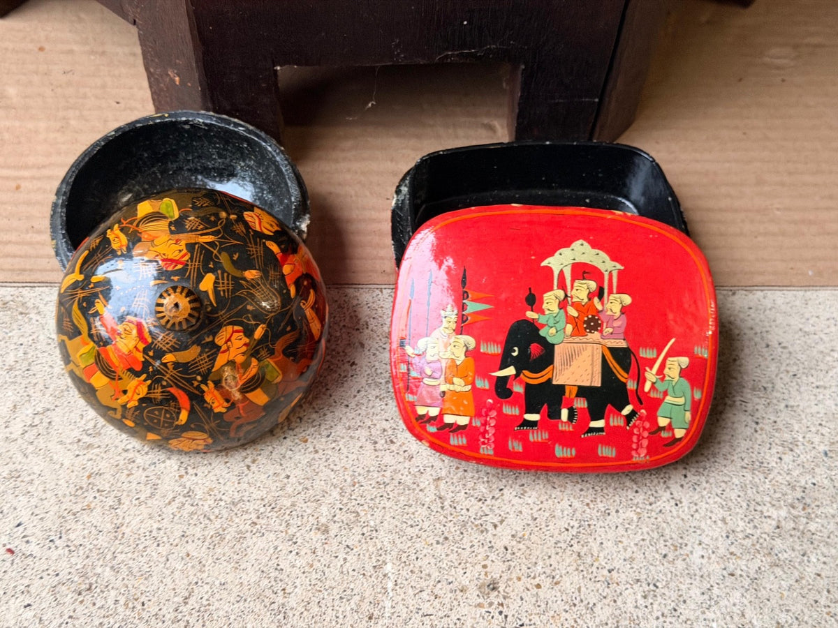 Vintage Hand Painted Lacquer Wood Box Set Royal Elephant Procession Folk Art