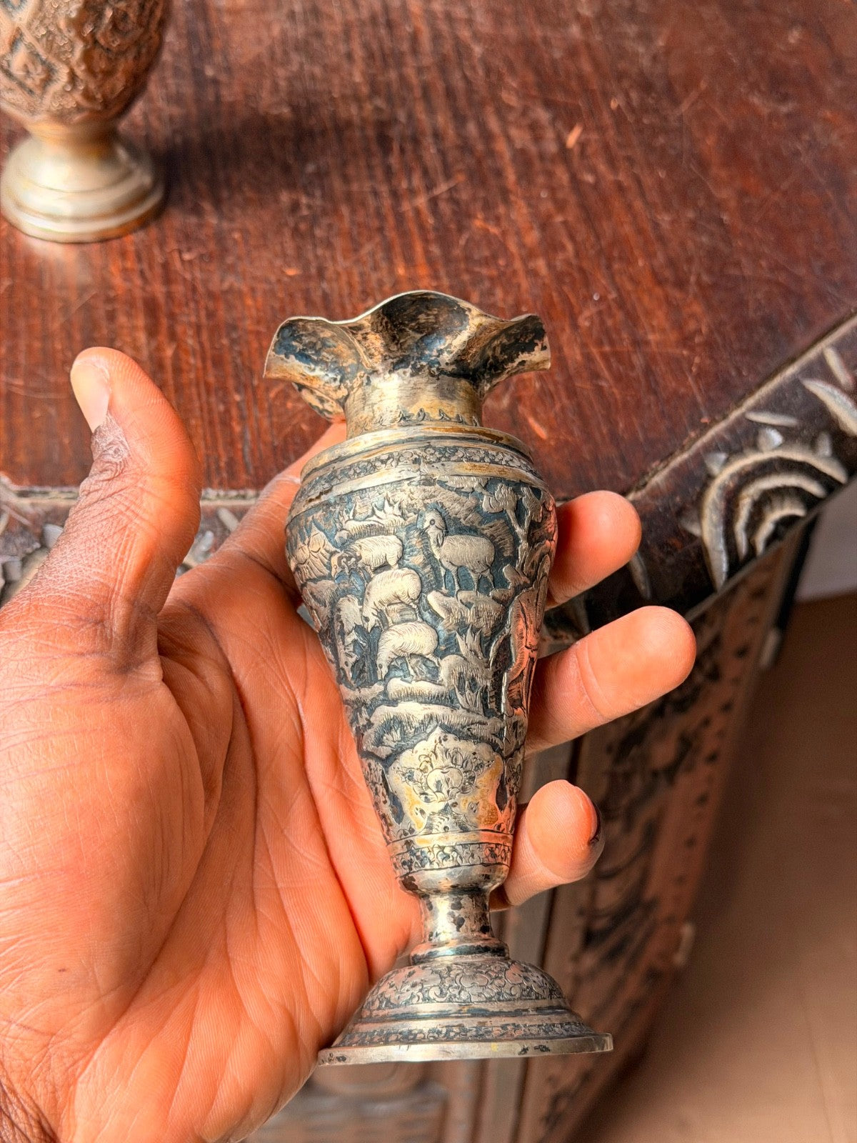 Vintage Near Eastern Silver Plated Brass Vases Pastoral Scene Folk Art