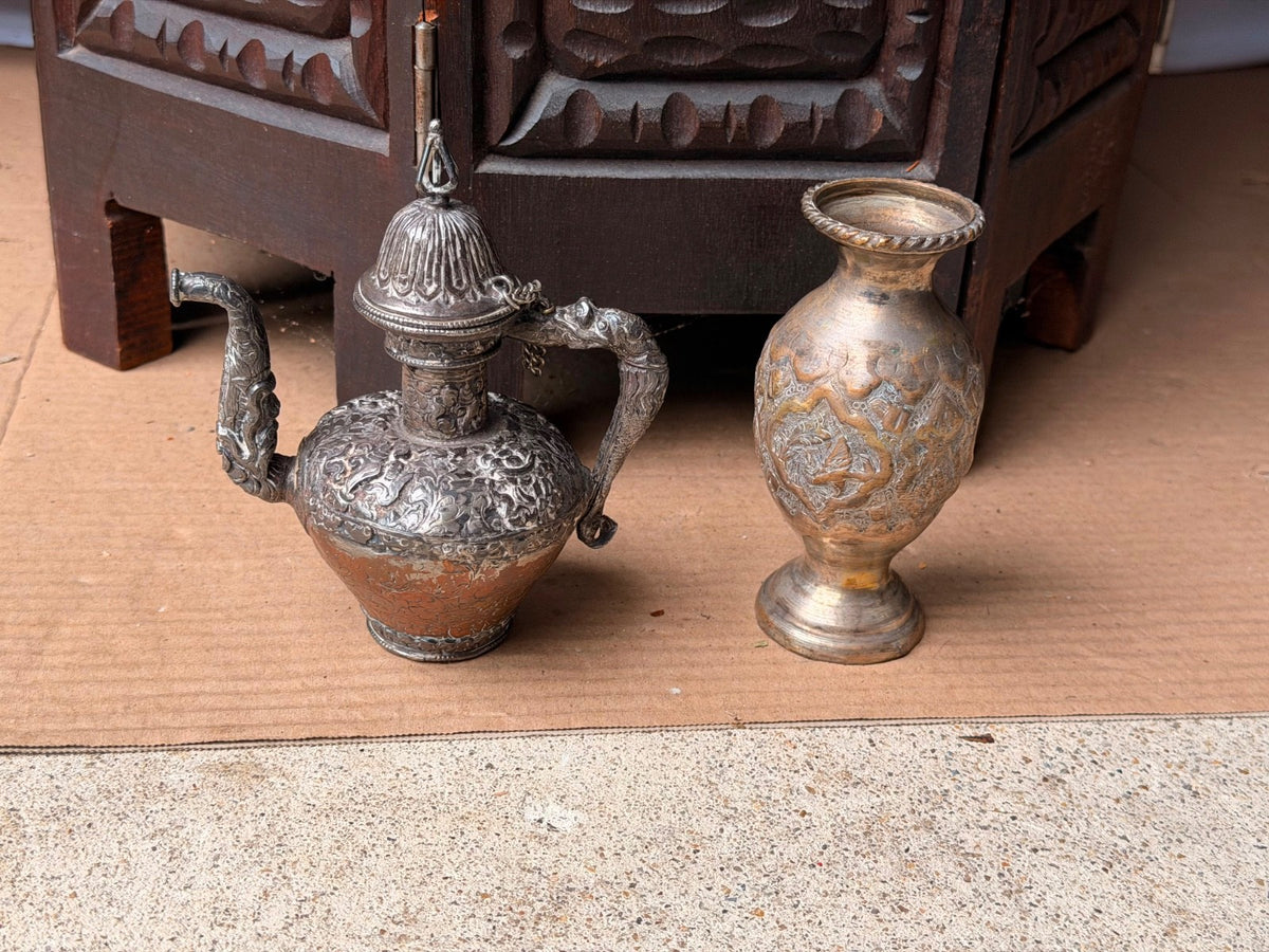 Vintage Ornate Near Eastern Repousse Silvered Teapot Ewer & Brass Vase Lot