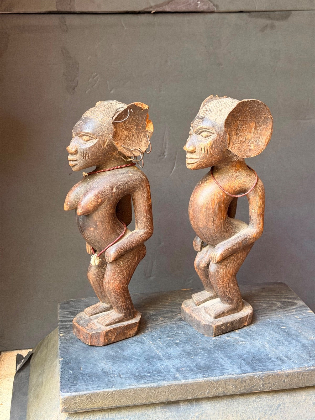 Vintage Fon Venavi Twin Figures Pair Benin Carved Wood African Sculpture 11"