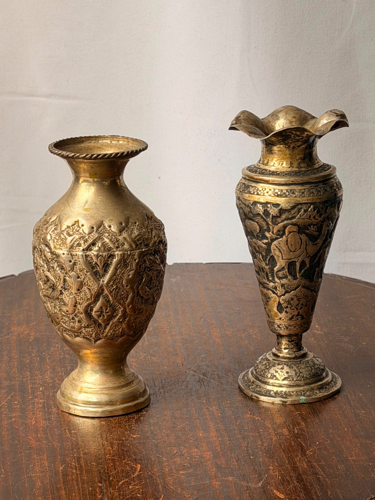 Vintage Near Eastern Silver Plated Brass Vases Pastoral Scene Folk Art