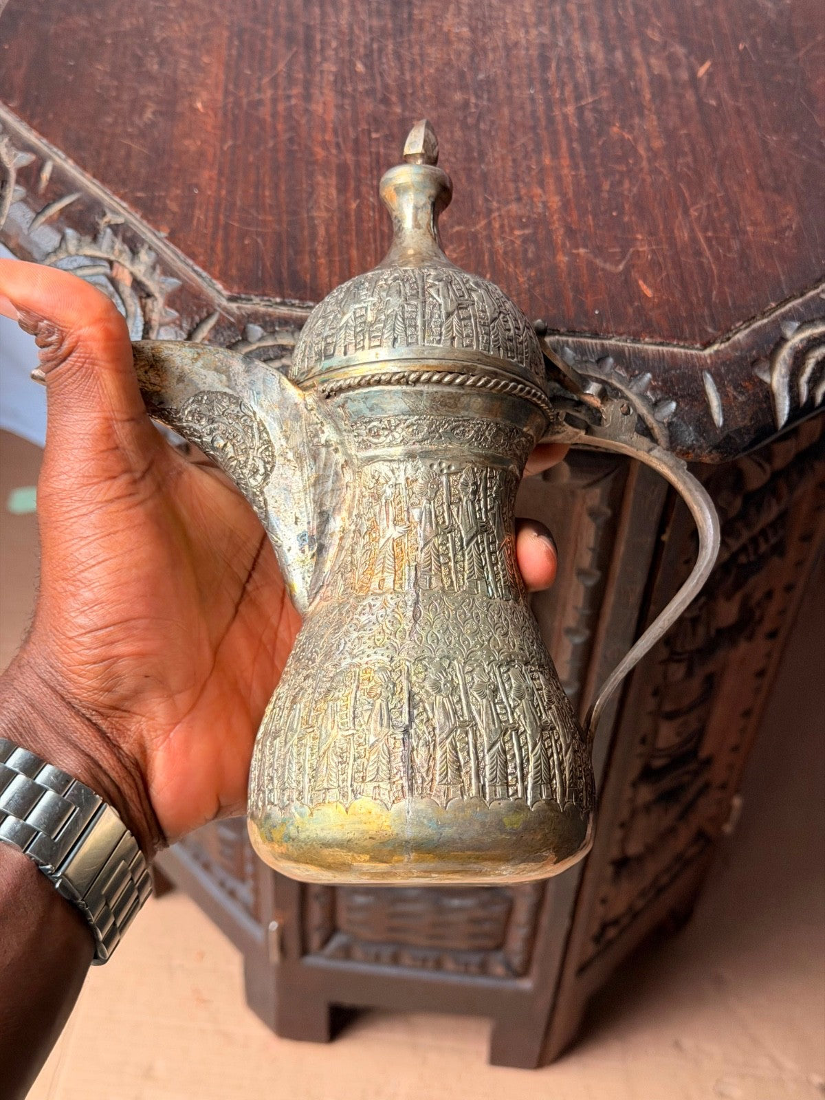 Vintage Near Eastern Silvered Brass Dallah Coffee Pot Figural Repousse Ewer