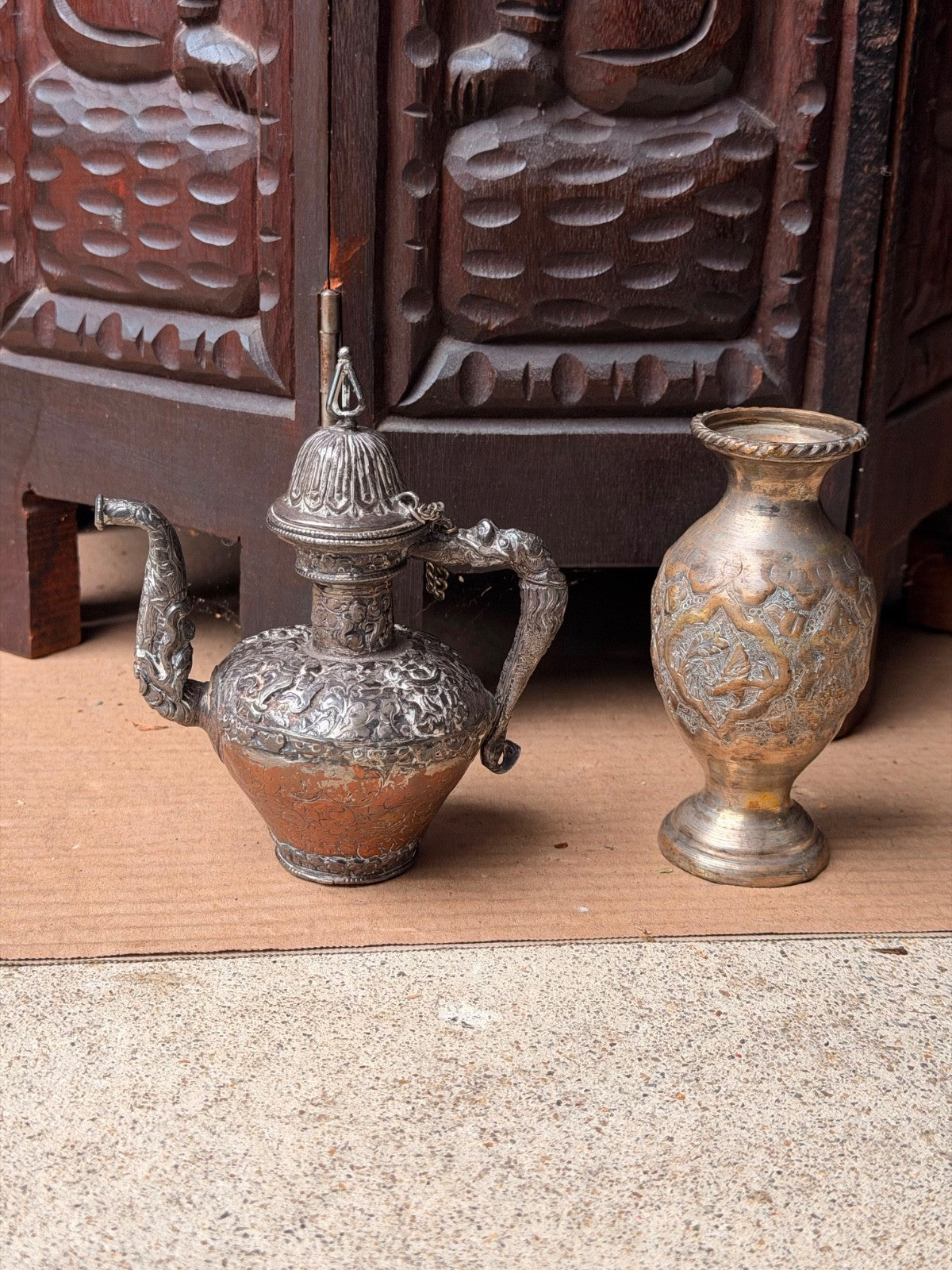 Vintage Ornate Near Eastern Repousse Silvered Teapot Ewer & Brass Vase Lot