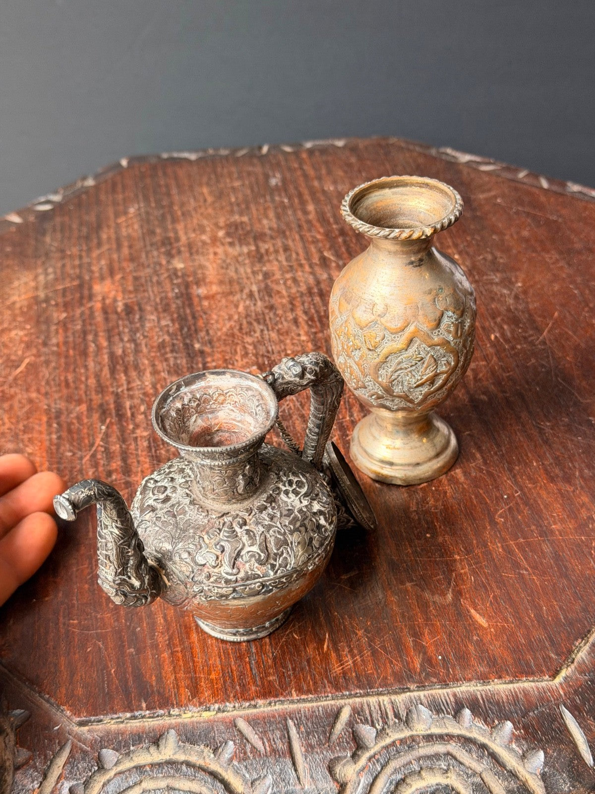 Vintage Ornate Near Eastern Repousse Silvered Teapot Ewer & Brass Vase Lot