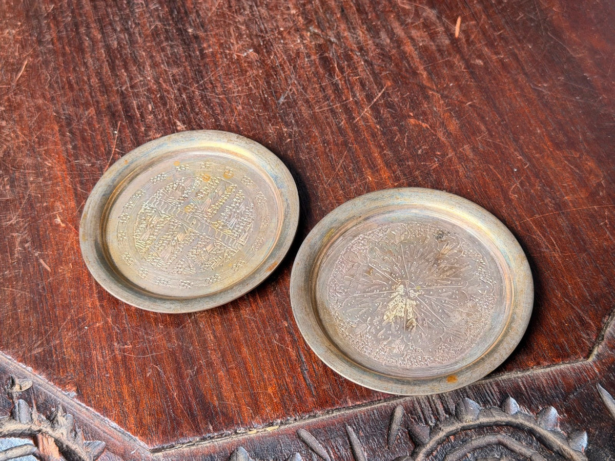 Vintage Middle Eastern Silver Plated Coasters Near Eastern Etched Dish Pair