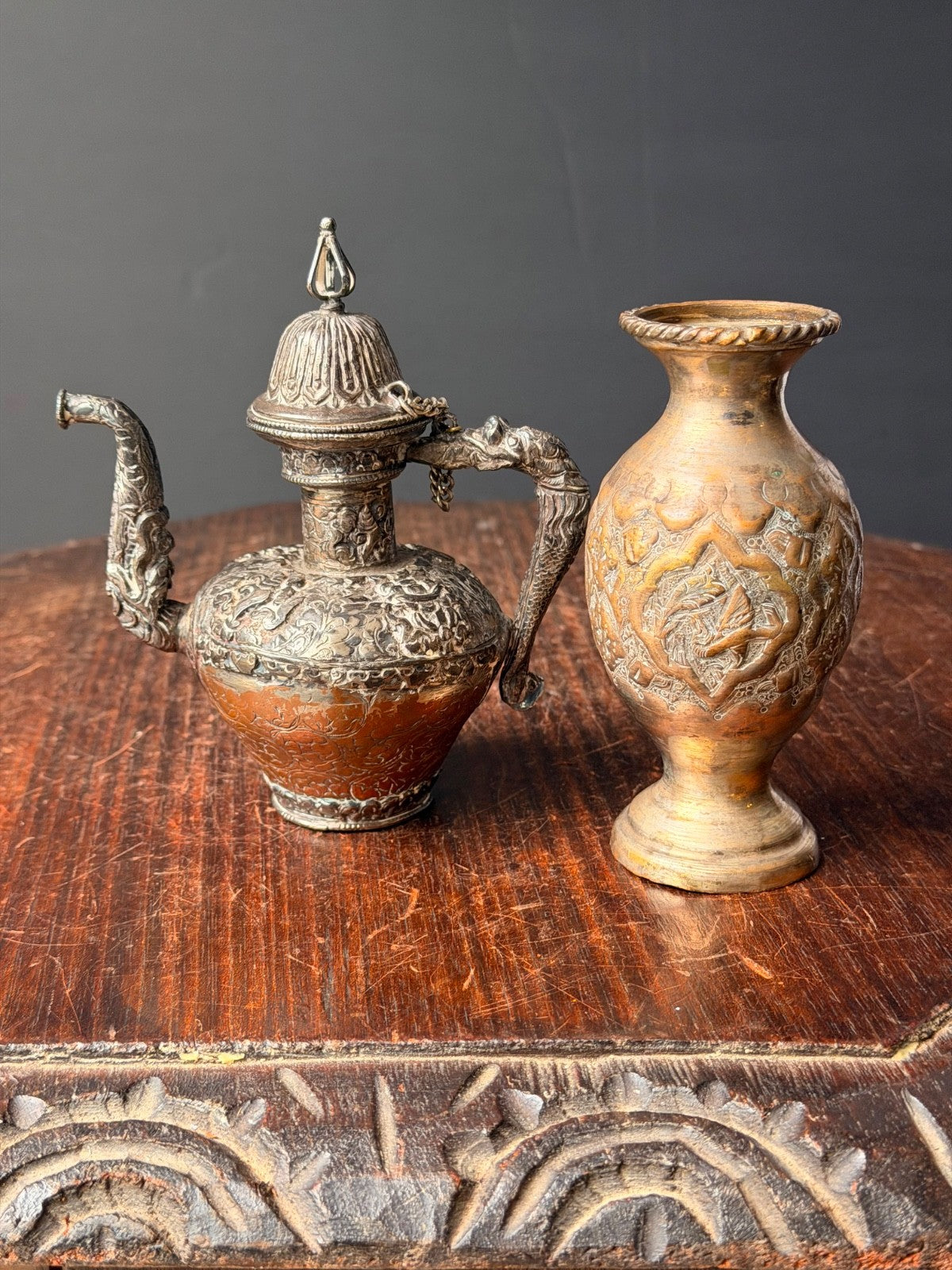 Vintage Ornate Near Eastern Repousse Silvered Teapot Ewer & Brass Vase Lot