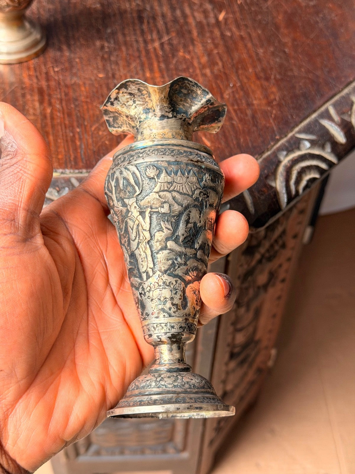 Vintage Near Eastern Silver Plated Brass Vases Pastoral Scene Folk Art