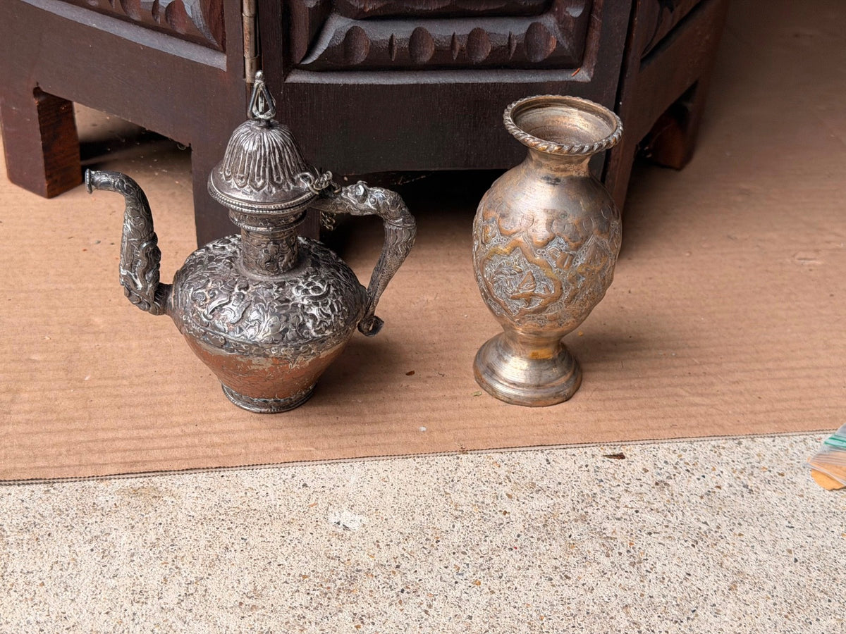Vintage Ornate Near Eastern Repousse Silvered Teapot Ewer & Brass Vase Lot