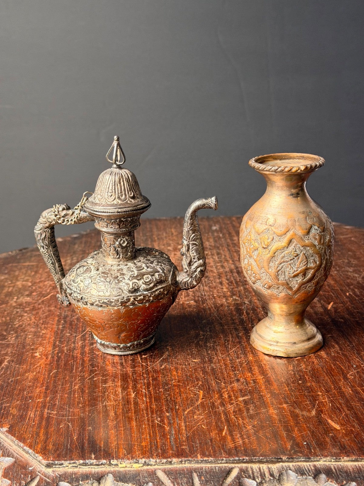 Vintage Ornate Near Eastern Repousse Silvered Teapot Ewer & Brass Vase Lot