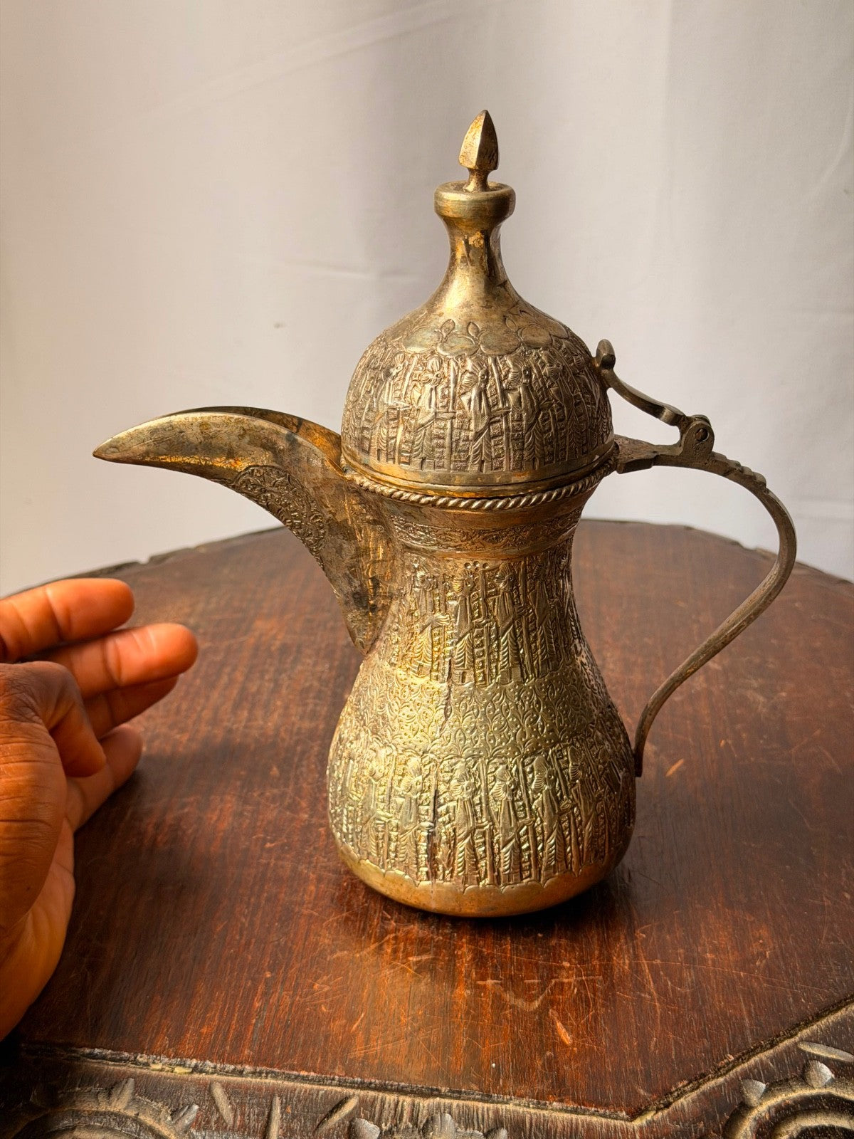 Vintage Near Eastern Silvered Brass Dallah Coffee Pot Figural Repousse Ewer