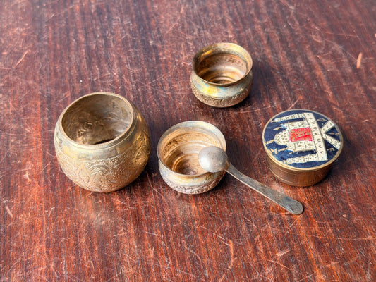 Vintage Brass Miniature Vessel Set Enameled Trinket Box Small Spice Bowls Spoon