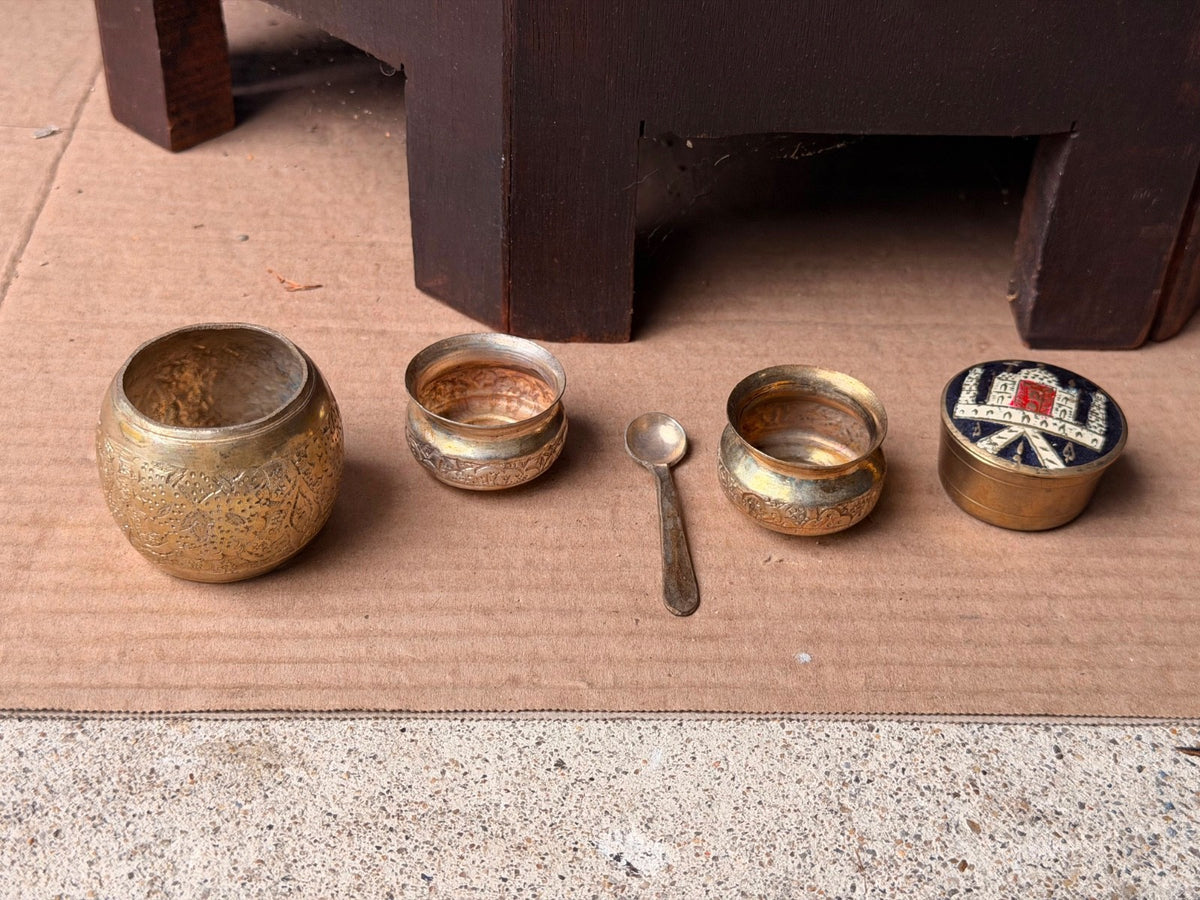 Vintage Brass Miniature Vessel Set Enameled Trinket Box Small Spice Bowls Spoon