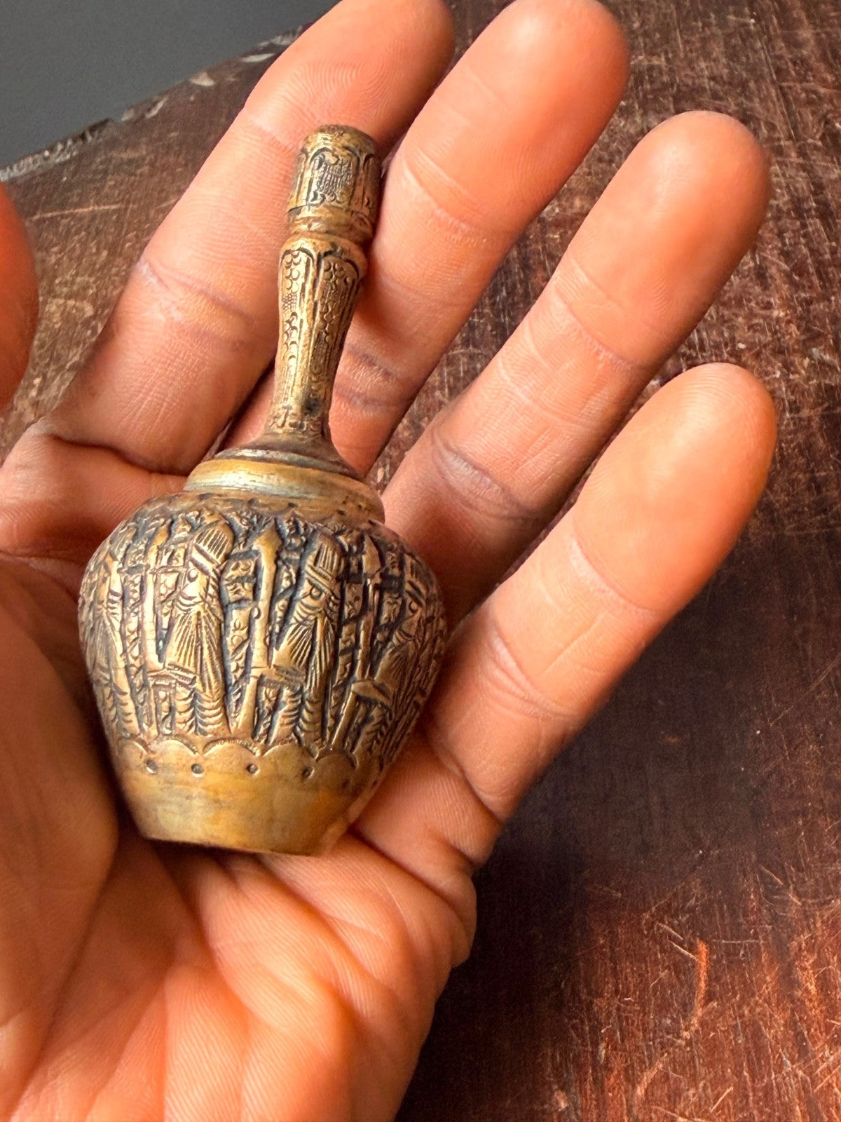 Vintage Brass Kohl Bottle Perfume Flask Etched Procession Mini Vessel