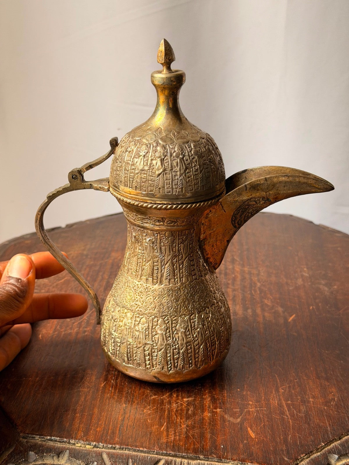 Vintage Near Eastern Silvered Brass Dallah Coffee Pot Figural Repousse Ewer