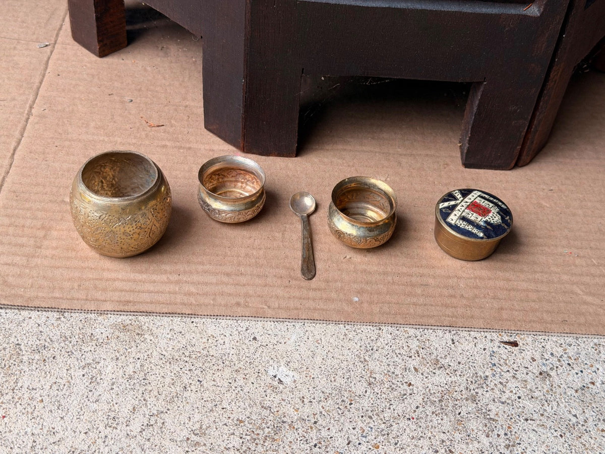 Vintage Brass Miniature Vessel Set Enameled Trinket Box Small Spice Bowls Spoon
