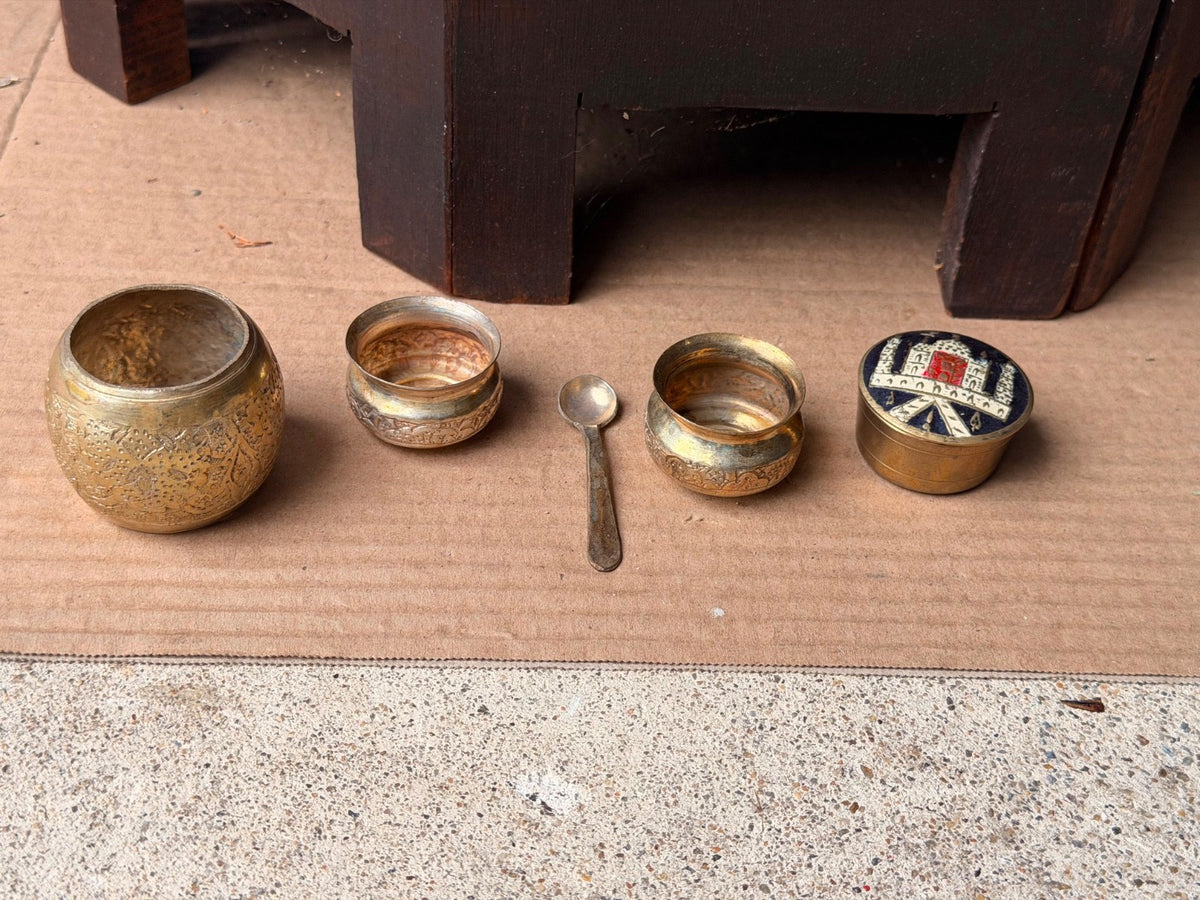 Vintage Brass Miniature Vessel Set Enameled Trinket Box Small Spice Bowls Spoon