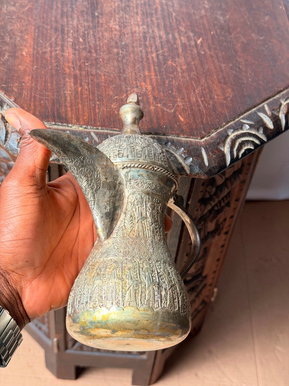 Vintage Near Eastern Silvered Brass Dallah Coffee Pot Figural Repousse Ewer