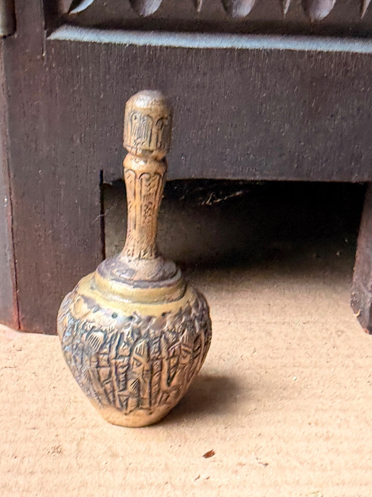 Vintage Brass Kohl Bottle Perfume Flask Etched Procession Mini Vessel