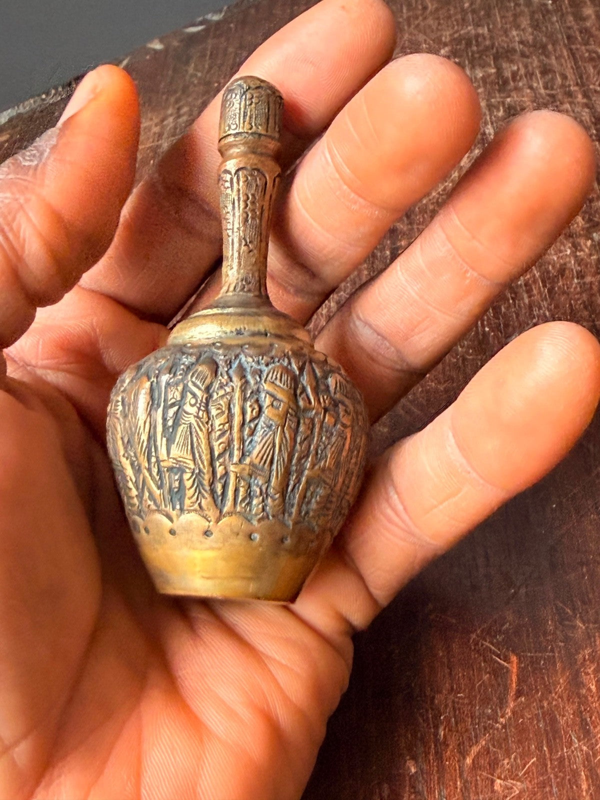 Vintage Brass Kohl Bottle Perfume Flask Etched Procession Mini Vessel