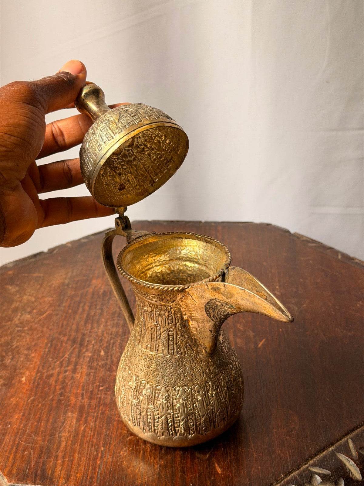Vintage Near Eastern Silvered Brass Dallah Coffee Pot Figural Repousse Ewer
