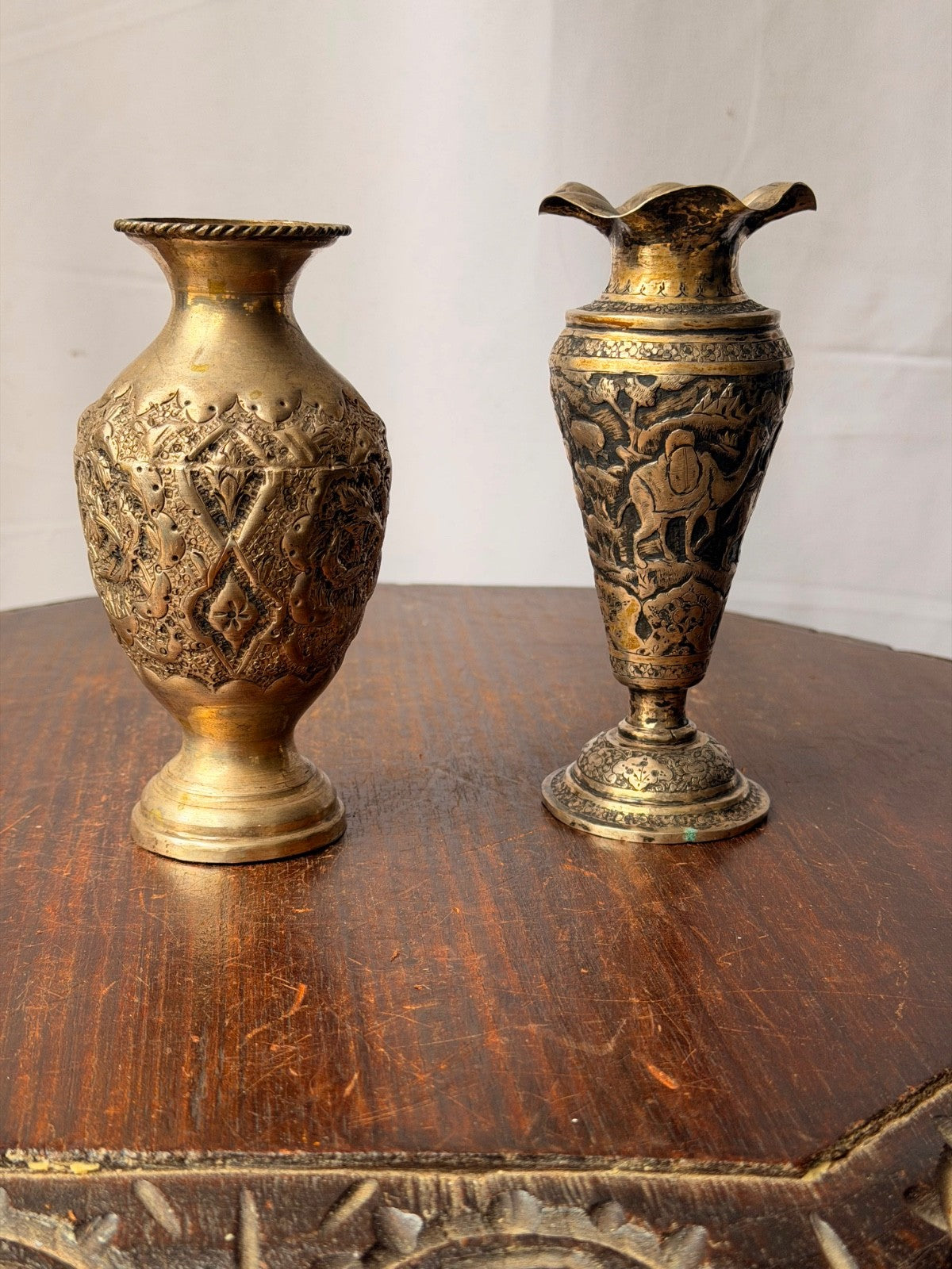 Vintage Near Eastern Silver Plated Brass Vases Pastoral Scene Folk Art