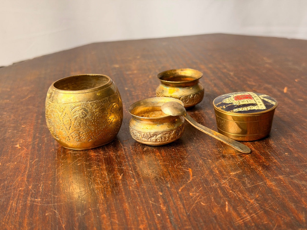 Vintage Brass Miniature Vessel Set Enameled Trinket Box Small Spice Bowls Spoon