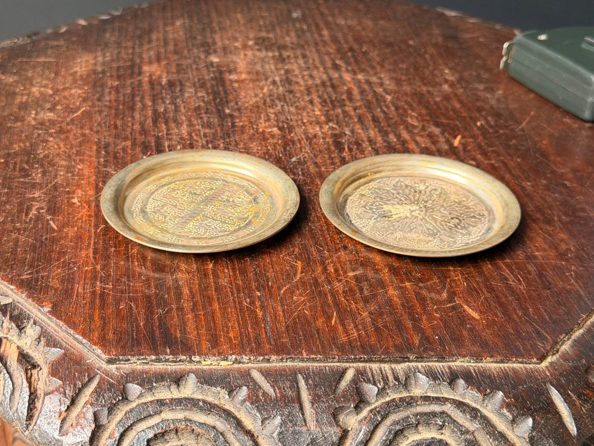 Vintage Middle Eastern Silver Plated Coasters Near Eastern Etched Dish Pair
