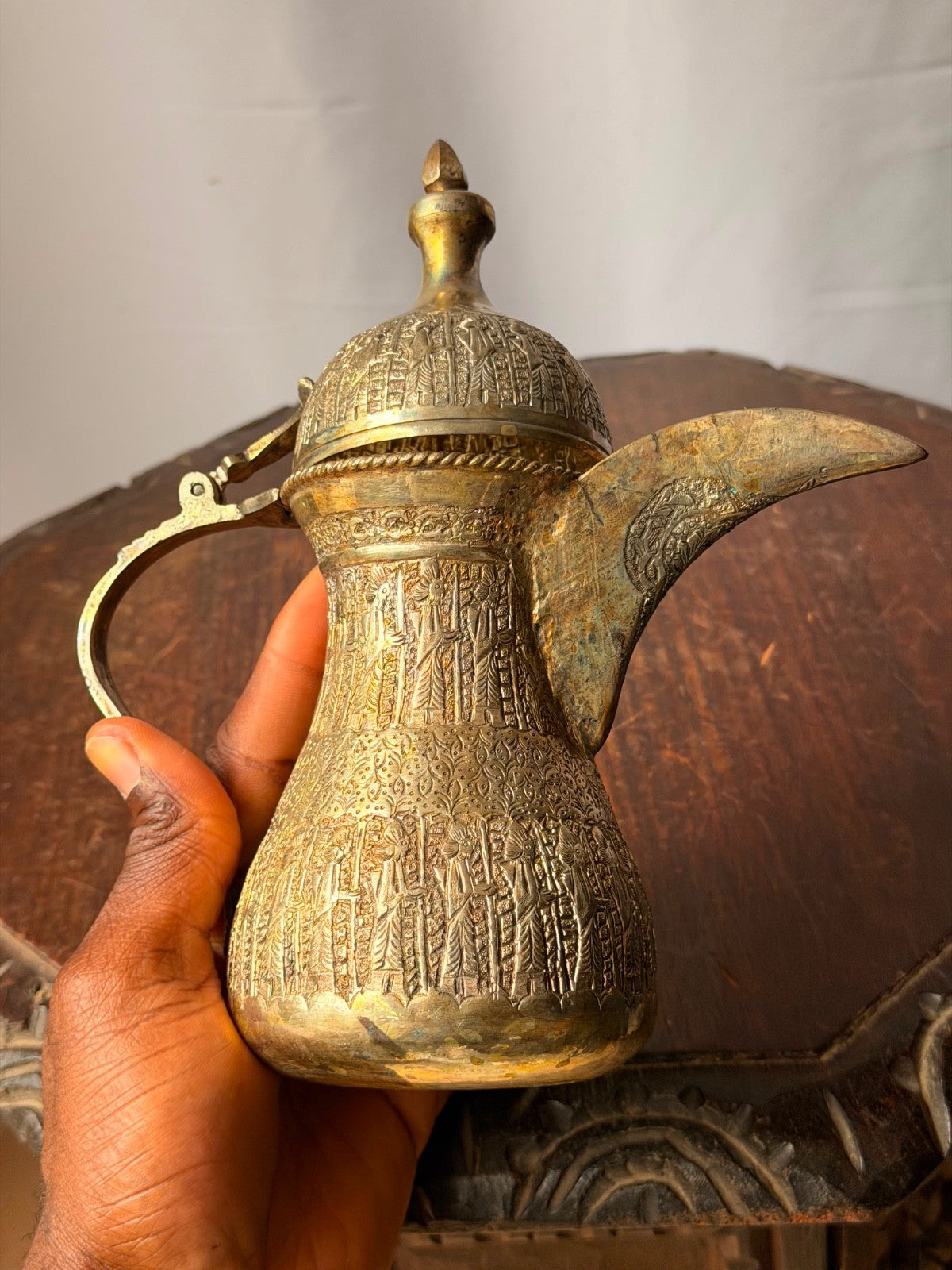 Vintage Near Eastern Silvered Brass Dallah Coffee Pot Figural Repousse Ewer