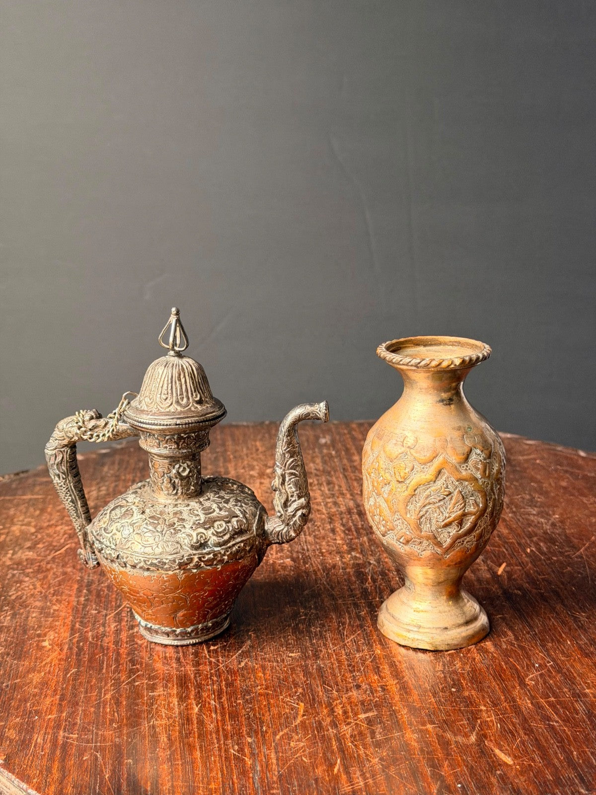 Vintage Ornate Near Eastern Repousse Silvered Teapot Ewer & Brass Vase Lot