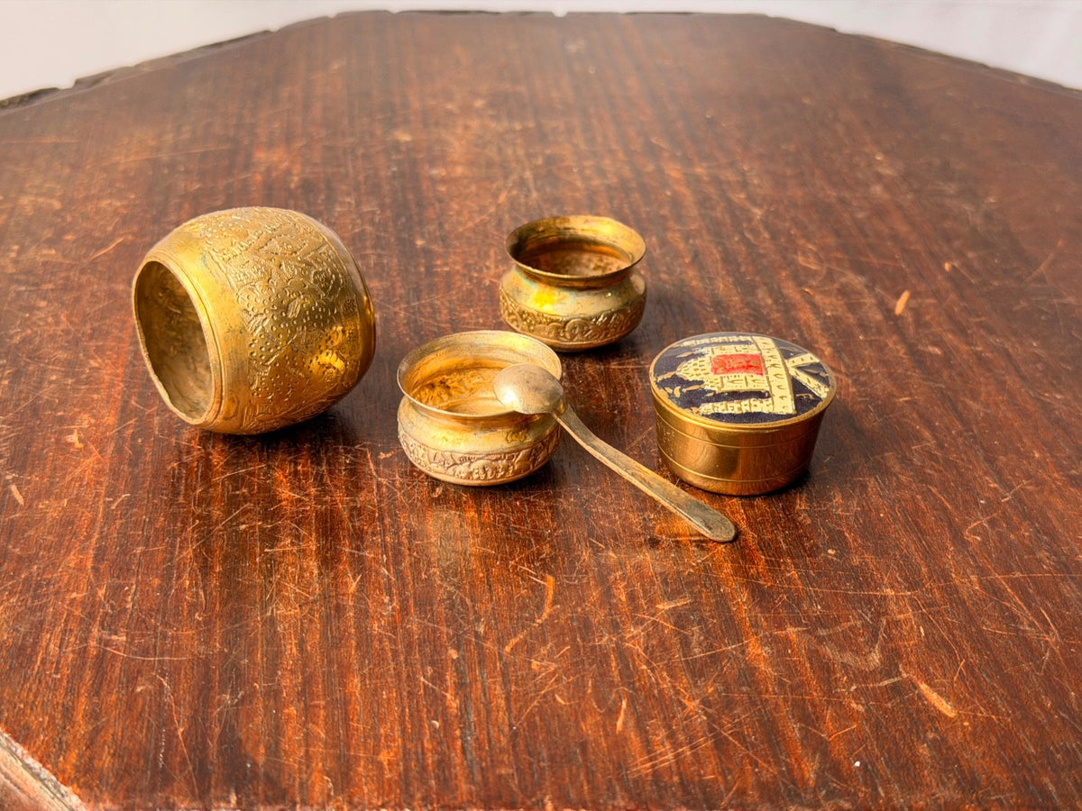 Vintage Brass Miniature Vessel Set Enameled Trinket Box Small Spice Bowls Spoon