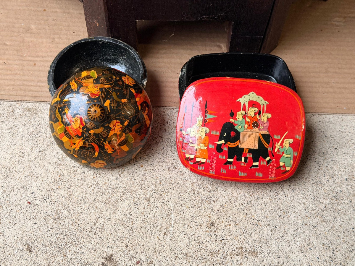 Vintage Hand Painted Lacquer Wood Box Set Royal Elephant Procession Folk Art