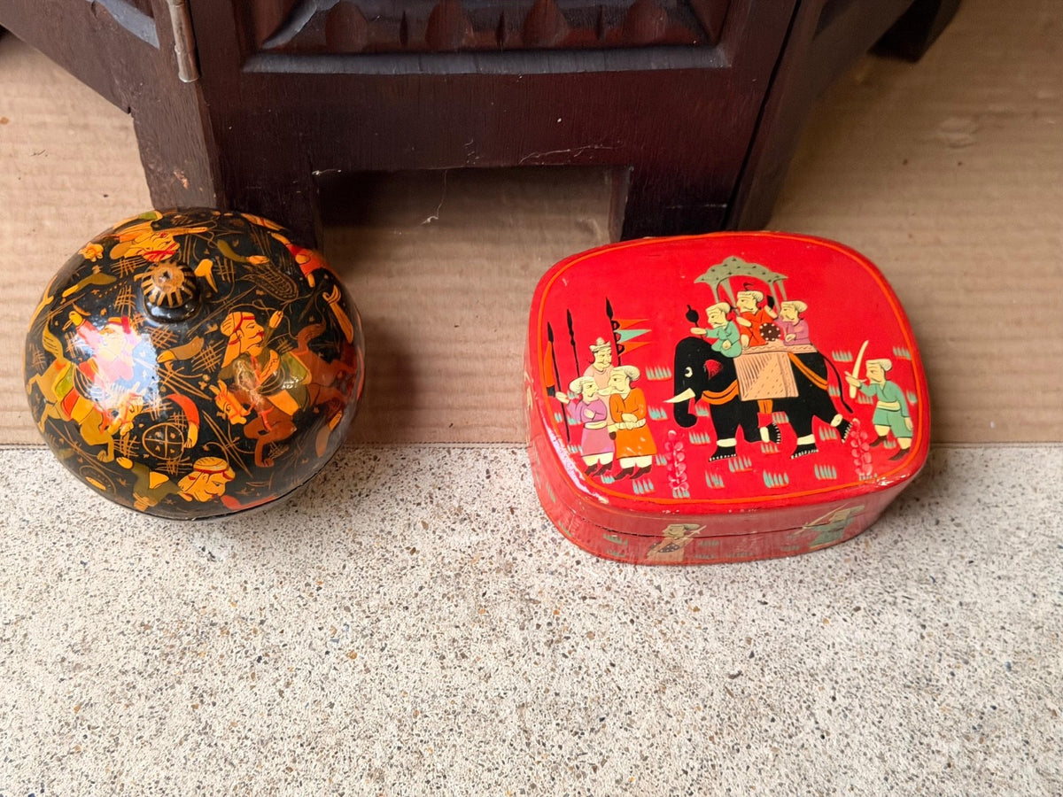 Vintage Hand Painted Lacquer Wood Box Set Royal Elephant Procession Folk Art