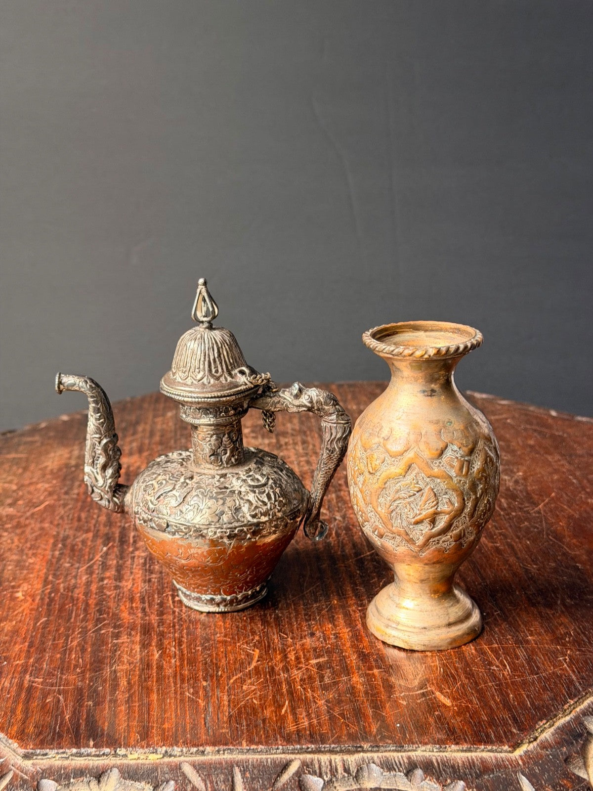 Vintage Ornate Near Eastern Repousse Silvered Teapot Ewer & Brass Vase Lot