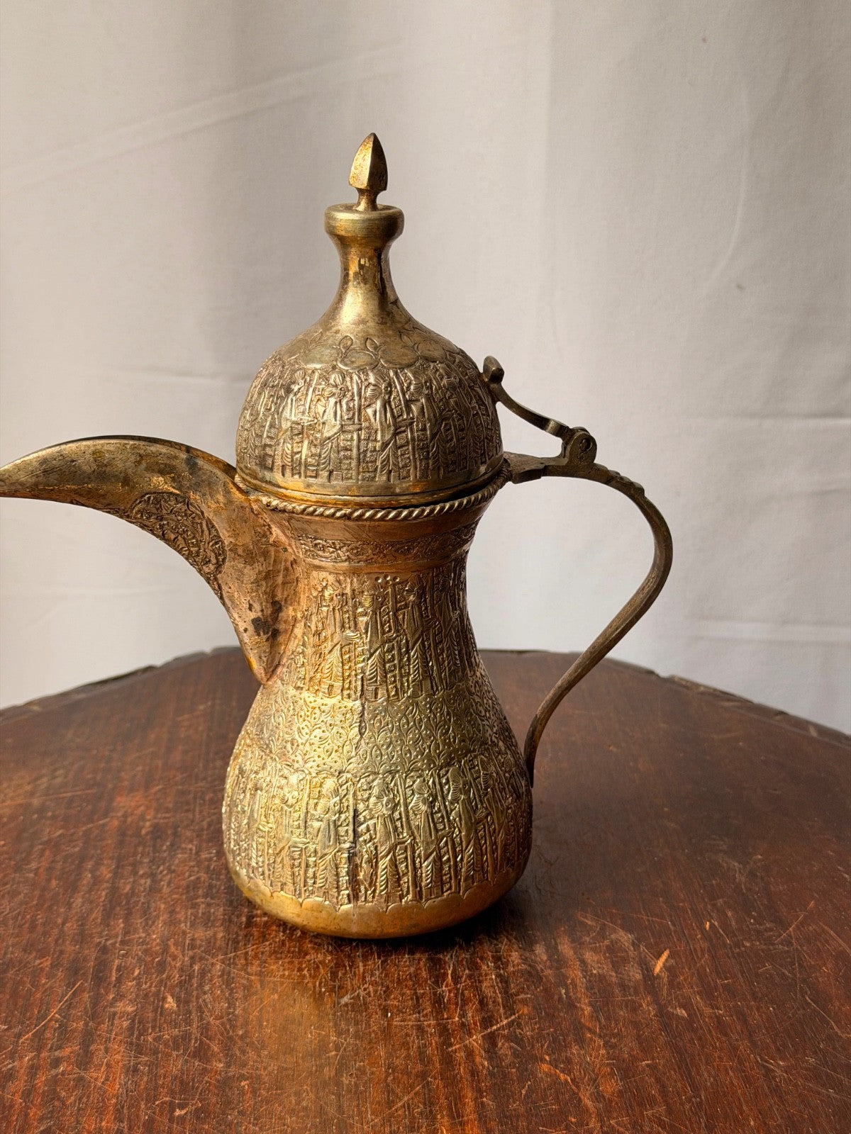 Vintage Near Eastern Silvered Brass Dallah Coffee Pot Figural Repousse Ewer