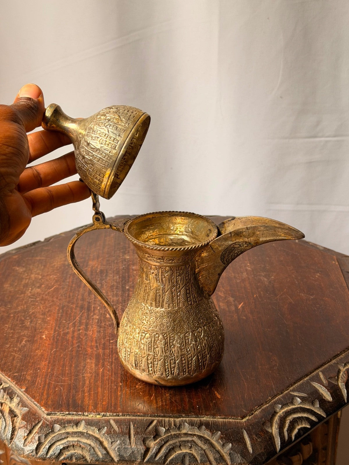 Vintage Near Eastern Silvered Brass Dallah Coffee Pot Figural Repousse Ewer