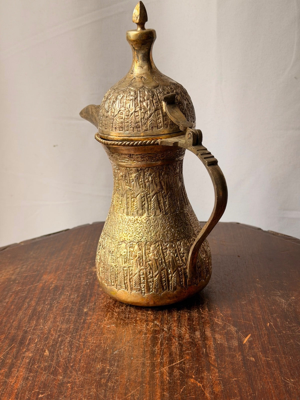 Vintage Near Eastern Silvered Brass Dallah Coffee Pot Figural Repousse Ewer