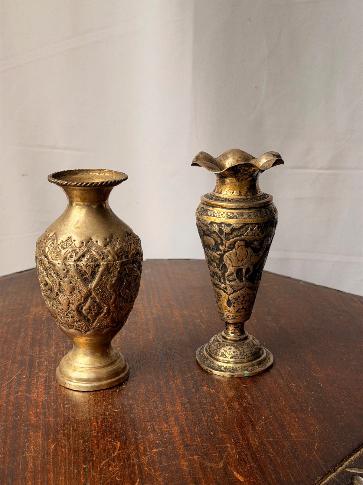 Vintage Near Eastern Silver Plated Brass Vases Pastoral Scene Folk Art