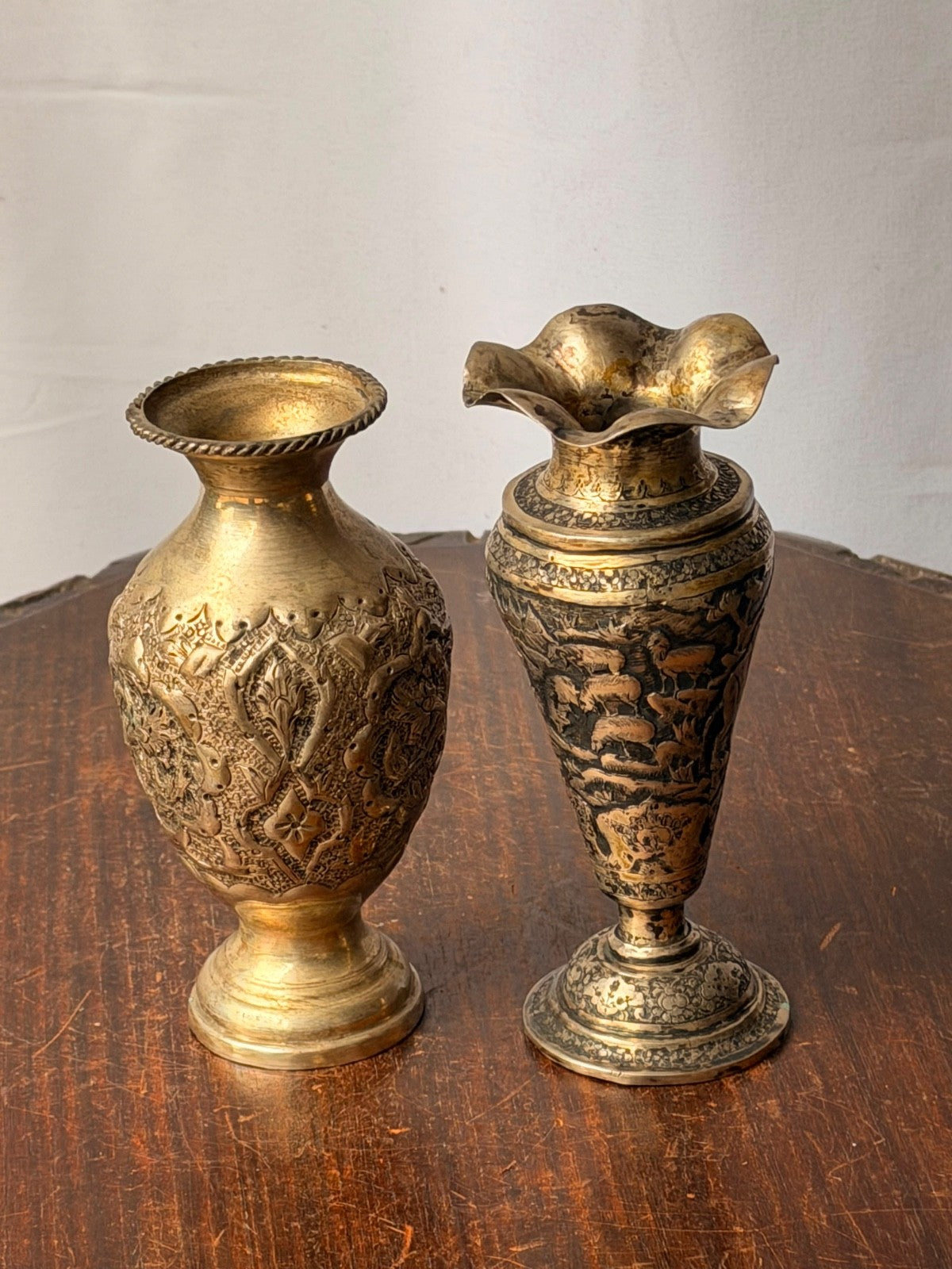 Vintage Near Eastern Silver Plated Brass Vases Pastoral Scene Folk Art